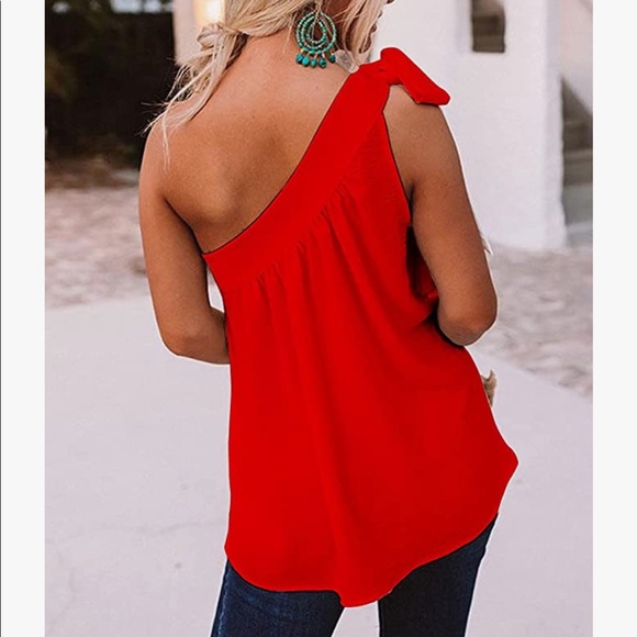 Red tie one shoulder blouse - Picture 2 of 7